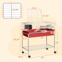 PawHut Two-Story Small Animal Cage Removable from Stand, Pet Habitat with Shelf & Wheels, 33" x 18.5" x 35", Red(m-3)