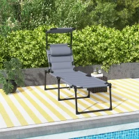 Outsunny Outdoor Lounge Chair, 4 Position Adjustable Backrest, Folding, Cushioned w/ Sun Shade Roof & Pillow, Gray(m-10)