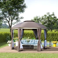 Outsunny 12' x 12' Round Outdoor Gazebo, Patio Dome Gazebo Canopy Shelter with Double Roof, Netting Sidewalls and Curtains, Zippered Doors, Strong Steel Frame, Brown(m-2)