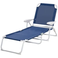 Outsunny Folding Lounge Chair, Portable Outdoor Chaise Lounge, Sun Tanning Chair with 4-Position Reclining Back, Armrests, Metal Frame and Mesh Fabric for Beach, Yard, Patio, Blue(m-11)