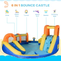 Outsunny 6-in-1 Kids Inflatable Water Slide, Bounce House with Slide, Pool, Water Cannon, Climbing Wall, Tunnel, Hoop, Backyard Inflatable Game for Birthday Party Activities without Air Blower(m-4)