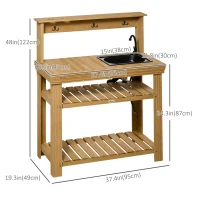 Outsunny Outdoor Potting Bench Table with Faucet, Removable Sink, Hooks and Storage Shelves, Wood Work Bench Workstation for Greenhouse, Garden, Patio(m-3)