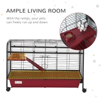 PawHut 42”Metal Wire Small Animal Pet Cage with EasyWheels for Portability & Spacious Multi-Level Design, Red and Black(m-4)