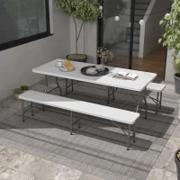 Outsunny Folding Picnic Table with 2 Benches, 3-Piece Portable Outdoor Picnic Table Bench Set for 6, Patio Dining Table Set with Plastic Top, Steel Frame for Garden, White(m-8)