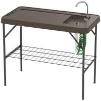 Outsunny Folding Fish Cleaning Table with Sink, Portable Camping Table with Faucet, Drainage Hose, Sprayer and Shelf, Tan(m-1)