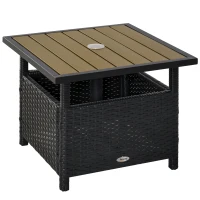Outsunny 22" Square Steel PE Rattan Wicker Table With Umbrella Hole, Outdoor Patio Accent Dining Side Table Used as Umbrella Stand, Black(m-11)