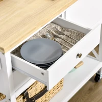 HOMCOM Rolling Kitchen Island Cart, Utility Trolley Cart with Rubberwood Top Storage Cabinet, 2 Drawers, Towel Rack, White(m-8)
