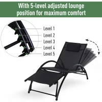 Outsunny Outdoor Lounge Chair with Breathable Mesh Fabric Seat, 5-Level Adjustable Reclining Chair with Aluminum Frame, Headrest Pillow, Adjustable Footrest, Black(m-5)