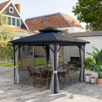 Outsunny 10' x 10' Hardtop Gazebo, Sun Shelter with Double Tier Metal Roof, Mosquito Netting, and Hanging Hook, Light Grey(m-8)