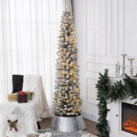 HOMCOM 7ft Artificial Prelit Christmas Tree with Warm White LED Light, Snow Flocked Branches, Metal Base, Pencil Xmas Tree