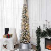 HOMCOM 7ft Artificial Prelit Christmas Tree with Warm White LED Light, Snow Flocked Branches, Metal Base, Pencil Xmas Tree(m-1)