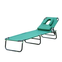 Outsunny Folding Outdoor Lounge Chair, Portable Reclining Beach Lounger with Face Hole, Detachable Pillow, 3-Position Adjustable Backrest, For Patio, Garden, Poolside, Green(m-12)