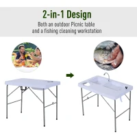 Outsunny 2-in-1 Folding Table with Faucet and Sinks Portable Outdoor Camping BBQ Fishing Table, White(m-5)