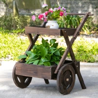 Outsunny Outdoor Plant Stand on Wheels with 2 Shelves, Wooden Flower Cart Display Stand, Wagon Decor for Garden, Patio, Balcony, Greenhouse(m-2)