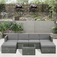 Outsunny 7pcs Wicker Rattan Sectional Set Outdoor Patio Sofa Table Footstools Set Garden Furniture with Cushions, Grey(m-8)