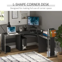 HOMCOM 69" Modern L-Shaped Tempered Glass Office Computer Desk with Elevated Monitor Stand, Rolling CPU Holder, Pull Out Keyboard Tray and Steel Frame, Black(m-6)