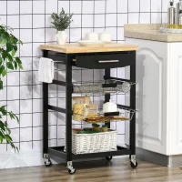 HOMCOM 3-Tier Kitchen Cart, Utility Cart with Solid Wood Top, Steel Basket, Rolling Kitchen Island with Drawer, Microwave Stand, Black(m-10)