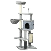 PawHut 59" Cat Tree with Scratching Posts, Self Groomer, Scratching Pad, Large Cat Tower for Indoor Cats with Hammock, Bed, House, Toys, Grey(m-11)