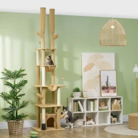 PawHut 89"-100" Floor to Ceiling Cat Tree Cat Tower for Large Cats w/ Scratching Posts, Grooming Brush Post, Cat Condo, Brown(m-1)