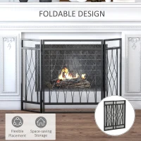 HOMCOM 3-Panel Metal Mesh Fireplace Screen, Decorative Fire Spark Guard Cover, 49.5" x 31.5"for Living Room Home Decor, Black(m-5)