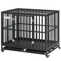 PawHut 41" Heavy Duty Steel Dog Crate Kennel Pet Cage with Wheels for Convenient Access Anti-Pinching Floor, Black(m-2)