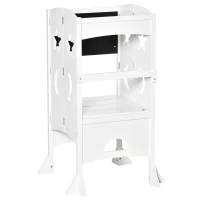 Qaba 2 in 1 Kids Foldable Kitchen Step Stool, Toddler Standing Tower with Chalkboard and Lockable Handrail for Children 3-6 Years Old, White(m-11)
