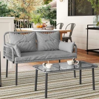 Outsunny 2 Pieces Wicker Patio Furniture Set, Small Patio Seat with Outdoor Loveseat, Glass Top Table and Cushions, Light Grey(m-8)