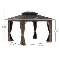 Outsunny 10' x 12' Hardtop Gazebo with Curtains and Netting, Permanent Pavilion Metal Double Roof Gazebo Canopy with Aluminum Frame and Hooks, for Garden, Patio, Backyard, Brown(m-3)
