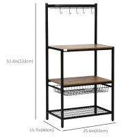 HOMCOM Industrial Multifunctional Kitchen Bakers Rack, Microwave Stand, Coffee Bar Station with Storage Shelves, Wire Basket, 5 Hanging Hooks, Walnut(m-3)