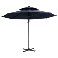 Outsunny 11ft Cantilever Patio Umbrella with Base, Double Top Hanging Aluminum Offset Umbrella with 360° Rotation, Easy Tilt, 8 Ribs, Crank, Cross Base for Backyard, Dark Blue(m-10)
