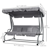 Outsunny Outdoor 3-Seater Patio Swing Chair, Outdoor Swing Seat, with Adjustable Canopy and Two Pillows for Garden, Light Grey(m-3)