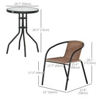 Outsunny 3 Pieces Outdoor Wicker Furniture Set with 2 Stackable Chairs, Tempered Glass Coffee Table for Garden, Backyard, Brown(m-3)