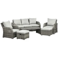 Outsunny 6 Pieces Patio Furniture Set, Conversation Set Wicker Sectional Set Cushioned Outdoor Rattan 3-Seat Sofa, 2 Adjustable Recliners, 2 Footstools & Table Set for Lawn Garden Backyard, Light Grey(m-2)
