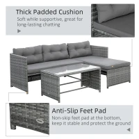 Outsunny 3 Piece Patio Furniture Set, Rattan Outdoor Sofa Set with Chaise Lounge & Loveseat, Soft Cushions, Tempered Glass Table, L-Shaped Sectional Couch, Charcoal(m-5)