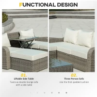 Outsunny 3 Pieces Wicker Patio Furniture Set with Liftable Middle Table, Aluminum Frame Full Assemblied Outdoor Sectional Conversation Sofa Set with 4" Thick Padded Cushions, Beige(m-7)