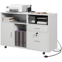 HOMCOM Mobile Printer Stand with Charging Station and USB Ports, Locking Filing Cabinet for A4 and Letter Size, White(m-2)