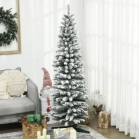 HOMCOM 6' Snow Flocked Artificial Pencil Christmas Tree, Slim Xmas Tree with Realistic Branches and Plastic Base Stand for Indoor Decoration, Green(m-2)