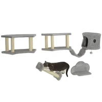 PawHut 4 Piece Cat Wall Shelves with Scratching Post, Ladder, Condo, Jumping Platforms, Light Grey(m-11)