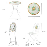 Outsunny 3 Piece Patio Bistro Set, Floral Mosaic Pattern, Metal Folding Chairs, Foldable Outdoor Dining Table for Coffee, Decor, Garden, Poolside, Porch, White(m-3)