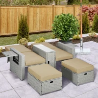 Outsunny 5PC Wicker Patio Lounger, Outdoor PE Rattan 5-level Adjustable Recliner Sofa Bed with Storage Side Table and Footstools, for Patio, Garden, Poolside, Khaki(m-8)