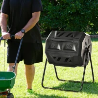 Outsunny 43 Gallon (160L) Tumbling Compost Bin Outdoor Dual Chamber 360° Rotating Composter with Sliding Doors, Solid Steel Frame and Gloves, Black(m-8)