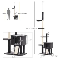 PawHut 110" Huge Cat Tree Kitty Activity Center Floor-to-Ceiling Cat Climbing Toy with Scratching Post Board Hammock Hanging Ball Rest Pet Furniture Dark Grey(m-3)