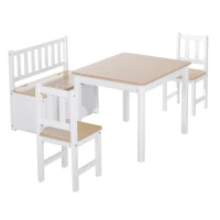 Qaba 4-Piece Set Kids Wood Table Chair Bench with Storage Function Easy to Clean Gift for Girls Boys Toddlers Age 3 Years up Natural and White(m-11)
