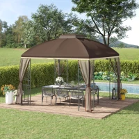 Outsunny 10' x 10' Patio Gazebo with Corner Shelves, Double Roof Outdoor Gazebo Canopy Shelter with Removable Mesh Netting, for Garden, Lawn, Backyard and Deck, Brown(m-2)