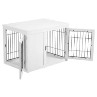 PawHut Dog Crate Furniture Wire Indoor Pet Kennel Cage, End Table with Double Doors, Locks for Small and Medium Dog House, White(m-9)