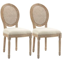 HOMCOM French-Style Upholstered Dining Chair Set, Armless Accent Side Chairs with Rattan Backrest and Linen-Touch Upholstery, Set of 2, Cream White(m-1)