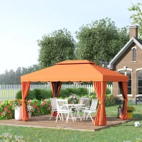 Outsunny 10 x 13ft Aluminum Frame Gazebo Canopy Double Tier Garden Shelter with Netting and Curtains, Orange(m-1)
