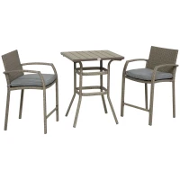 Outsunny 3 PCS Rattan Wicker Bar Set with Wood Grain Top Table and 2 Bar Stools for Outdoor, Patio, Poolside, Garden, Grey(m-11)