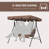 Outsunny Large Family Swing Set, 3-Seat Adjustable Canopy Swing Bench with Cushion, Steel Frame Stand for Patio, Garden, Family Use, Brown(m-7)