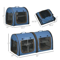 PawHut 39" Portable Soft-Sided Cat Carrier, Cat Kennel, Travel Dog Crate with Divider, Two Compartments, Soft Cushions & Storage Bag, Easy to Fold, Blue(m-3)
